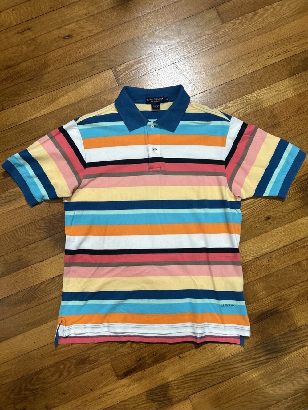 Daniel Cremieux Mens Sz Medium Polo Shirt Blue Striped Woven Short Sleeve Cotton
